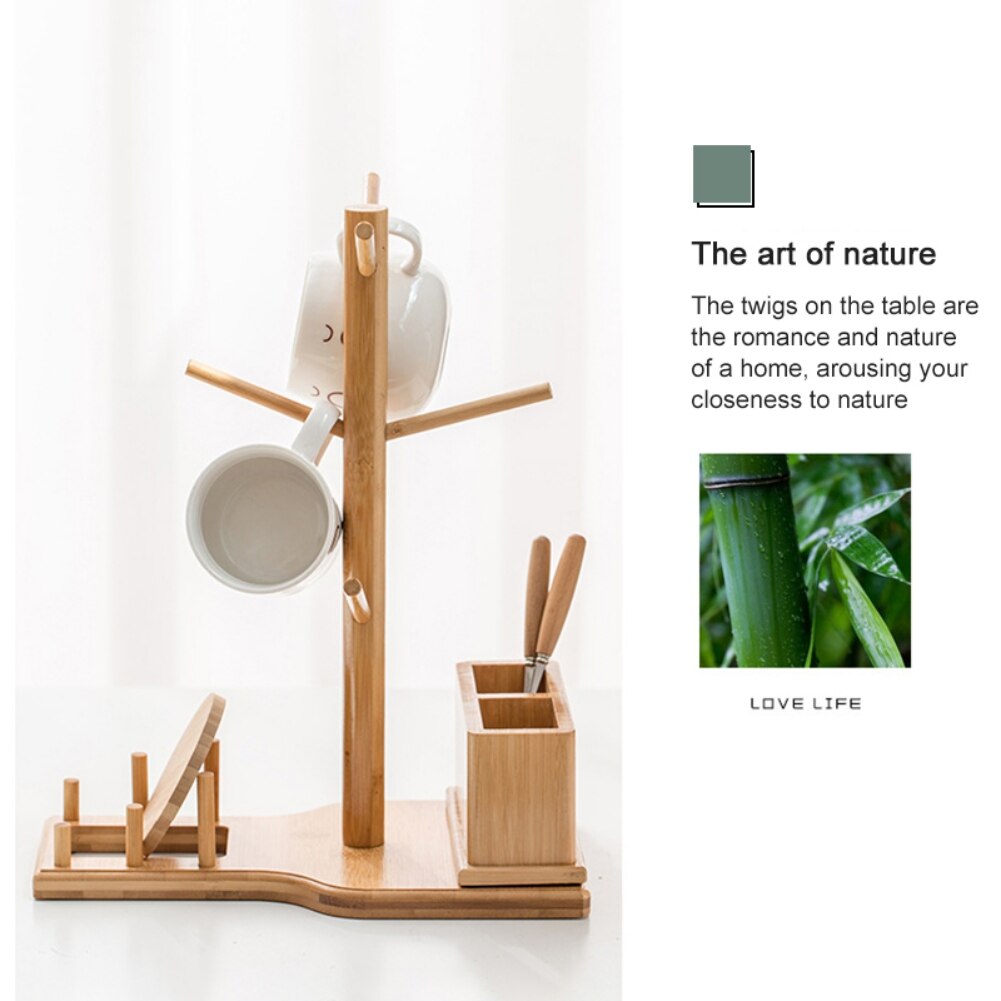 Wooden Coffee Cup Holder Mug Holder Tree Bamboo Mug Tree Stand Coffee Cup Storage Dryer Rack With 6 Hooks Coaster Holder