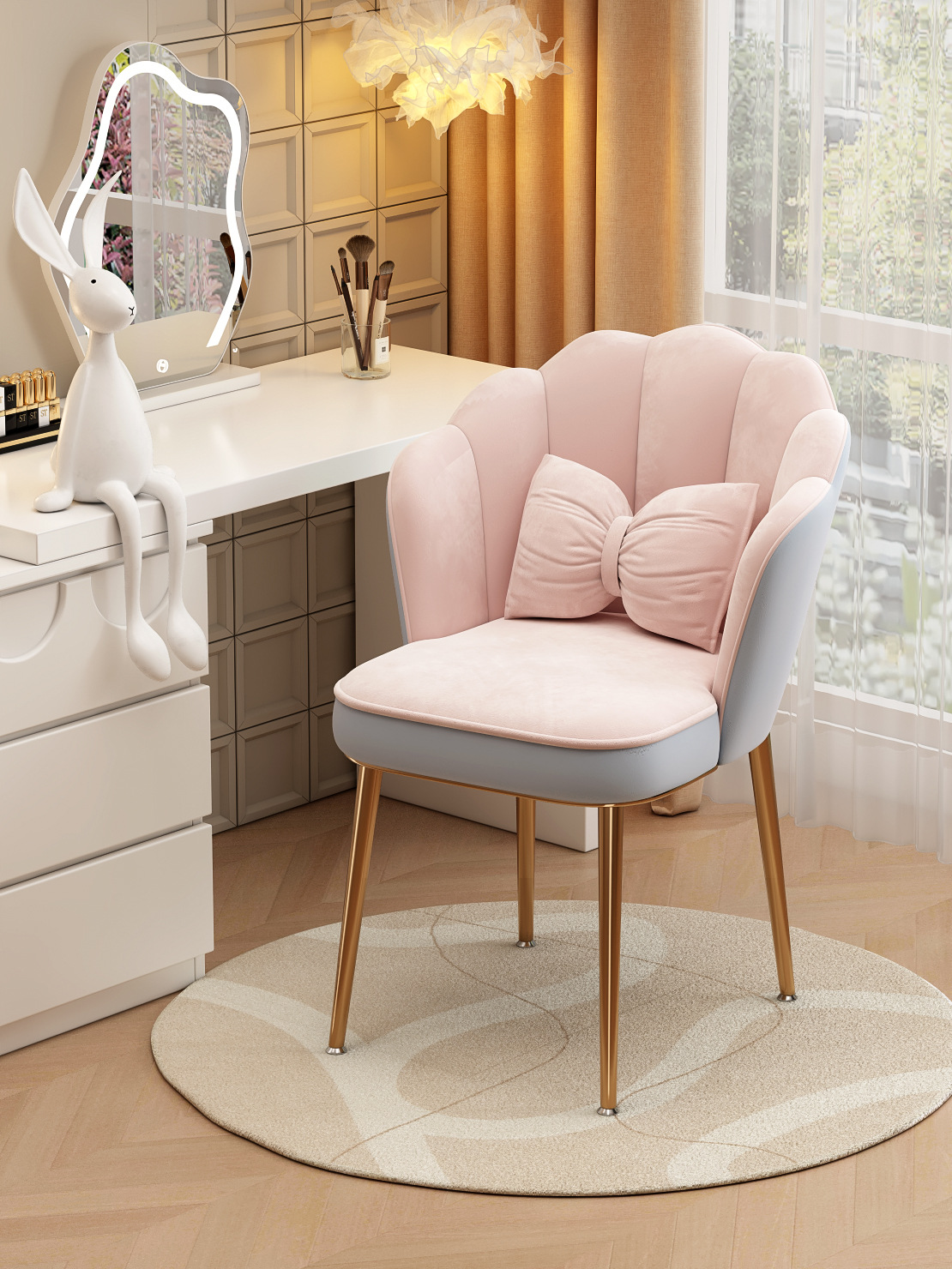 Warming Makeup Chair Velvet Accent Chair Shell Shape Vanity Chairs with Metal Legs Height Adjustable living room dining room: LIGHT GRAY