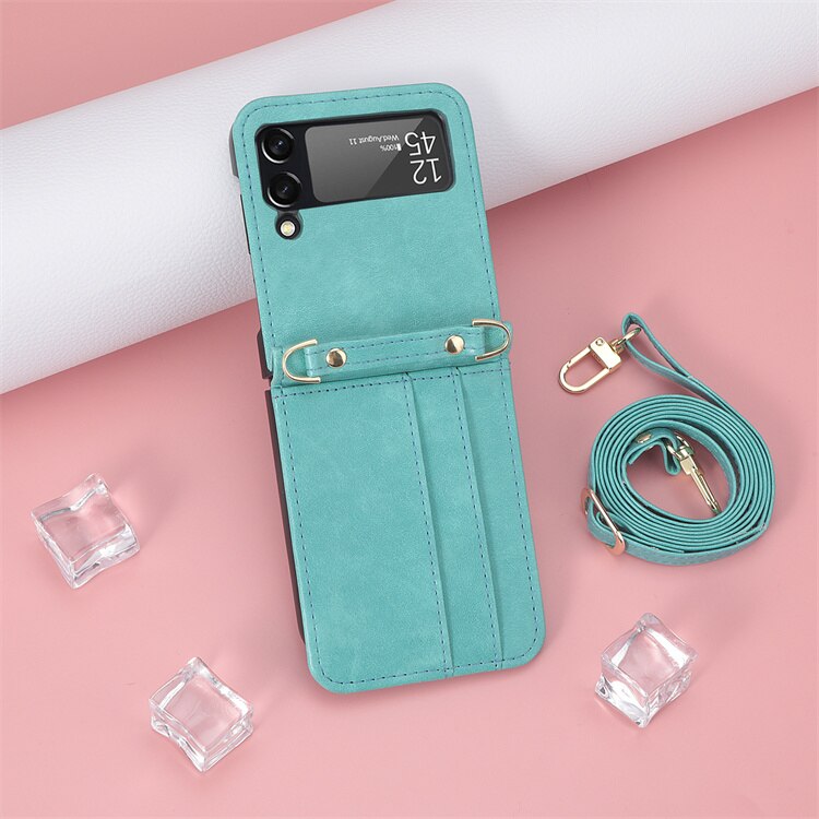 Lanyard Geïntegreerde Schokbestendig Card Slot Leather Case Voor Samsung Galaxy Z Flip 3 Flip3 5G Anti-Kras Beschermende telefoon Cover: green