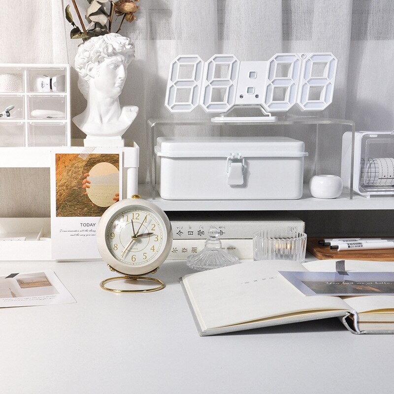 Europe Table Clock Metal Glass Alarm Clock Cute Mini Desk Watch with LUMINOVA Night Light Home Living Room Decoration