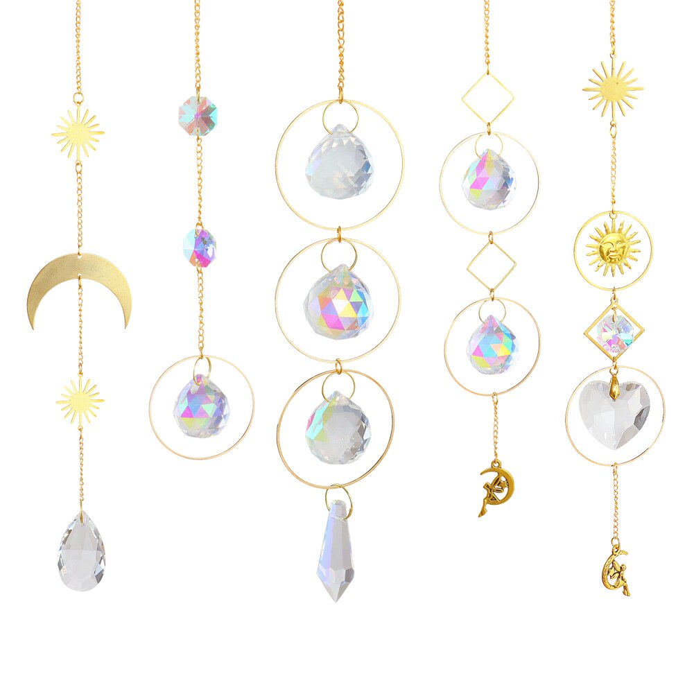 Crystal Wind Chime Star Moon Pendant Geometric Sun Catchers Gold Plated Hanging for Garden Window Wedding Curtain Decor: 5PCS