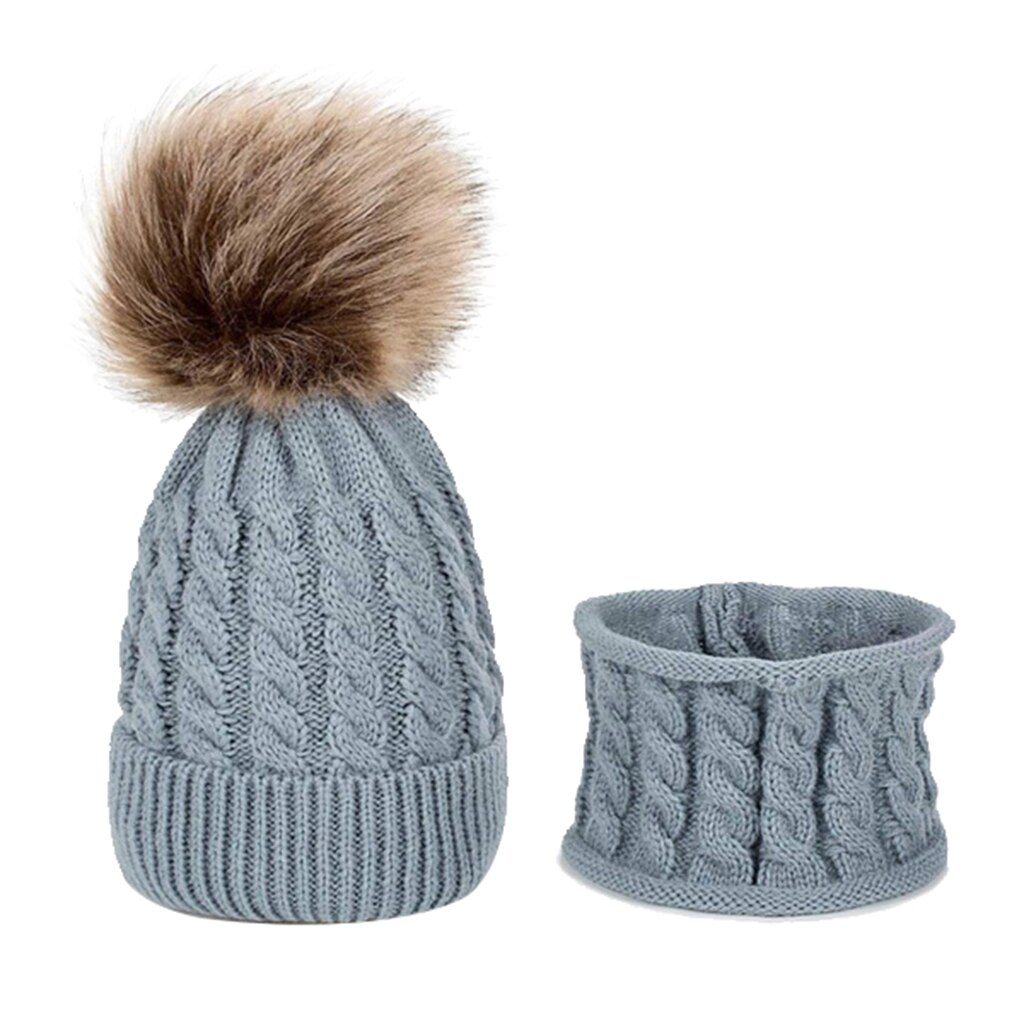 Winterset voor kinderen met slouchy pompon gebreide peutermuts, baby skimuts en sjaal: Grijs