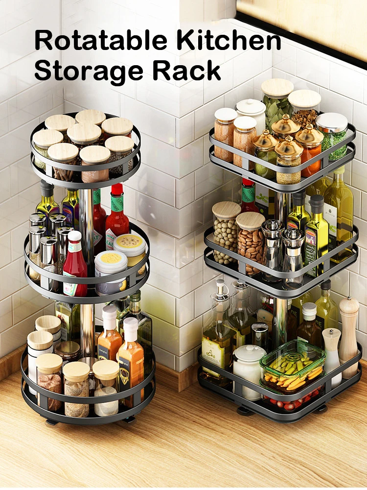 Rotation Condiment Rack Multifunctional Carbon Steel Flavour Storage Tray Round Seasonings Spice Organizer for Kitchen