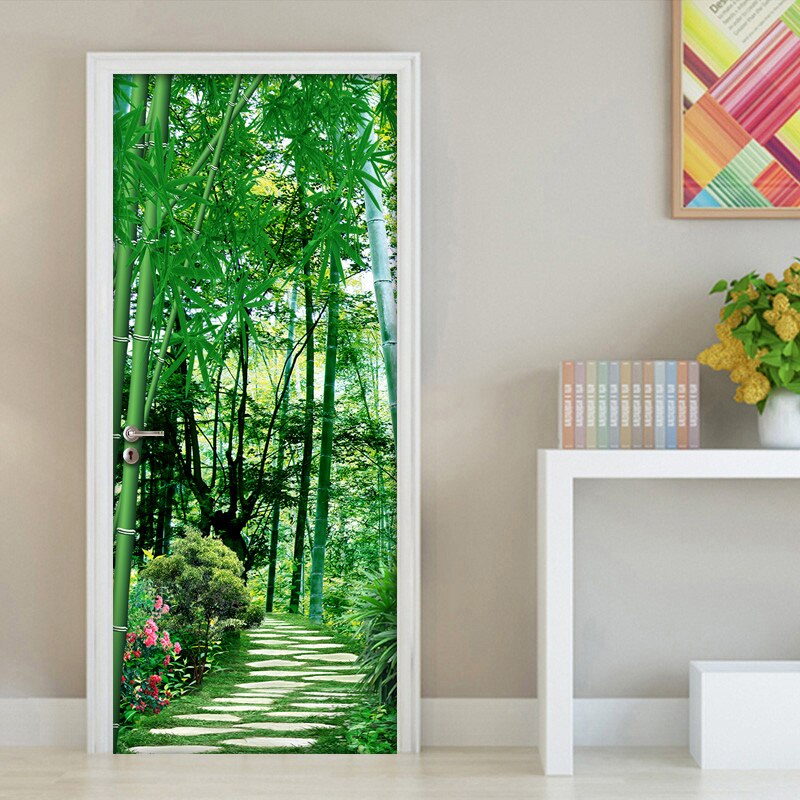 Door Stickers Nature for Living Room Bedroom Door Wallpaper Self-Adhesive Wall Decals 3D Bamboo Forest Photo Wallpaper Sticker