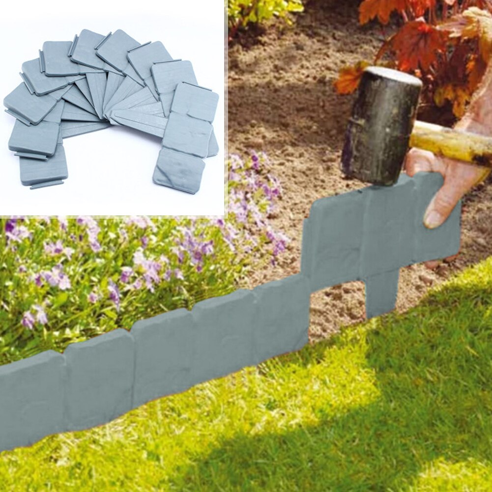 20Pc Grey Garden Fence Edging Cobbled Stone Effect Plastic Lawn Edging Plant Border Decorations Flower Bed Border