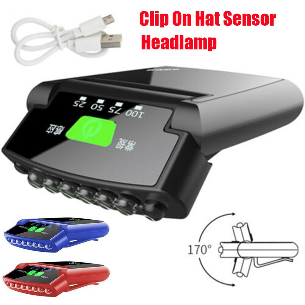 Bärbar 6 led usb uppladdningsbar klämma på hattsensor roterbar pannlampa vattentät  ip64 strålkastare utomhus stark ficklampa