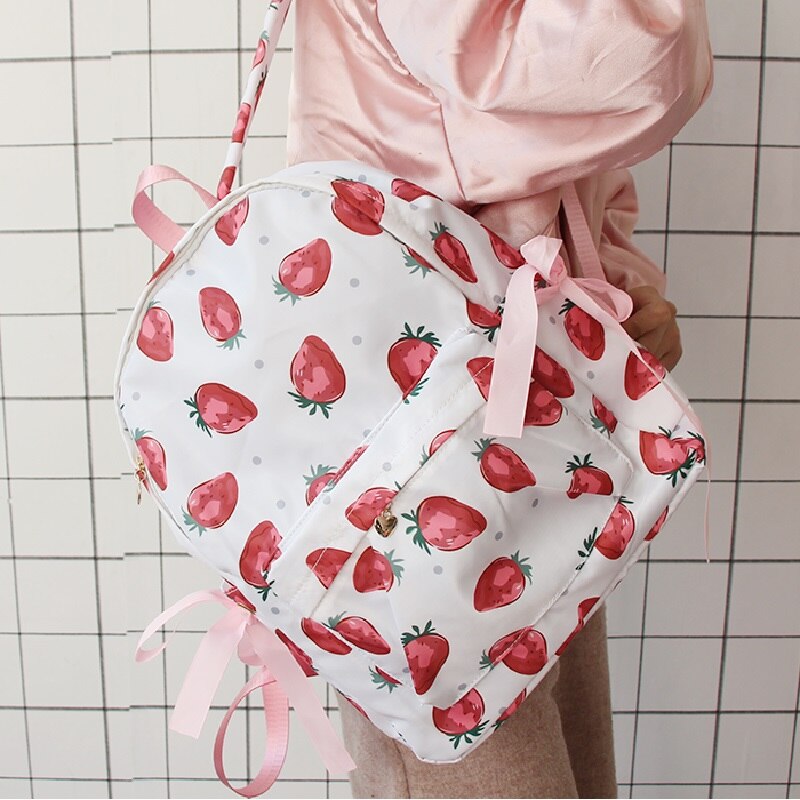 Chic harajuku japansk sjov jordbærtryk sløjfe rygsæk kvindelig koreansk ulzzang kawaii kæde afslappet kvindelig rygsæk