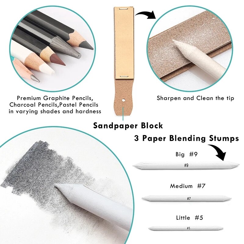 Sketch Drawing Kit Premium Graphite, Charcoal, Crayons and Drawing Tools Art Supplies for Sketching Shadows for Beginners