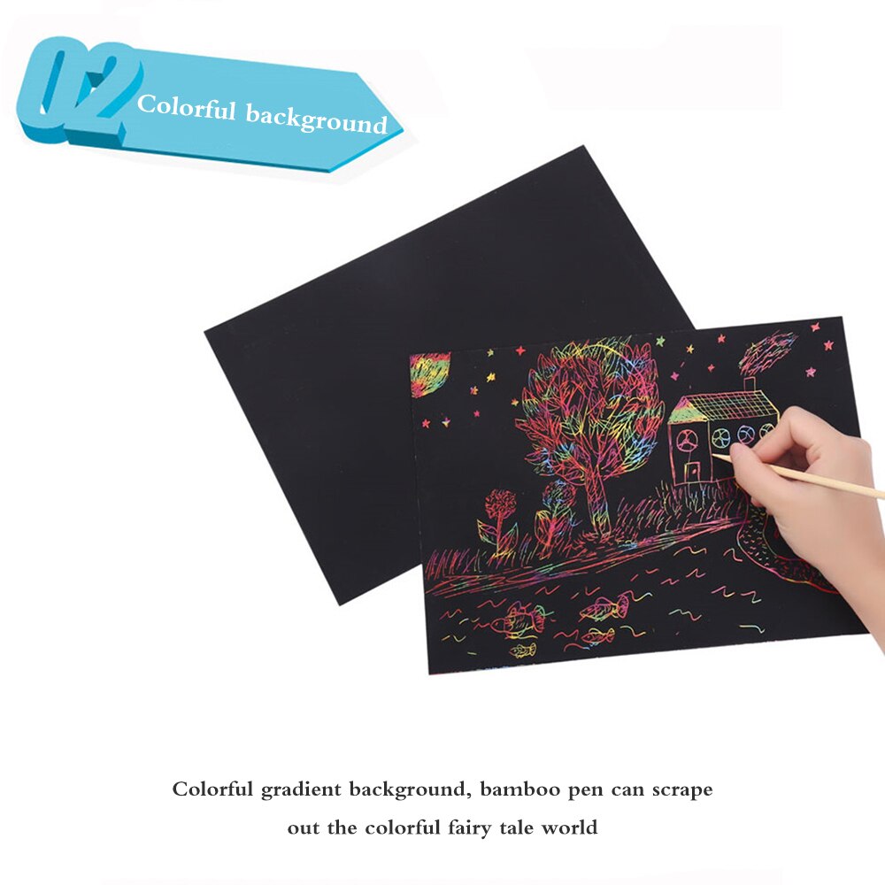 50 blätter Magie Farbe Regenbogen Scratch Kunst Papier Karte Set Mit Graffiti Schablone & Zeichnung Herrscher & Bleistift Spitzer DIY malerei
