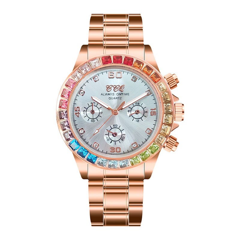 Rainbow Circle Three-eye Steel Band Watch, Square Diamond Color Diamond Personality Watch For Men And Women: white