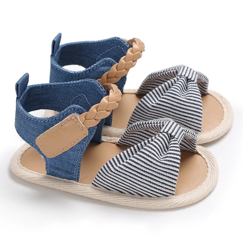 Peuter Meisje Baby Boog-Knoop Sandalen Zomer Canvas Baby Schoenen Prewalker 0-18M: Black Striped / 7-12 Months