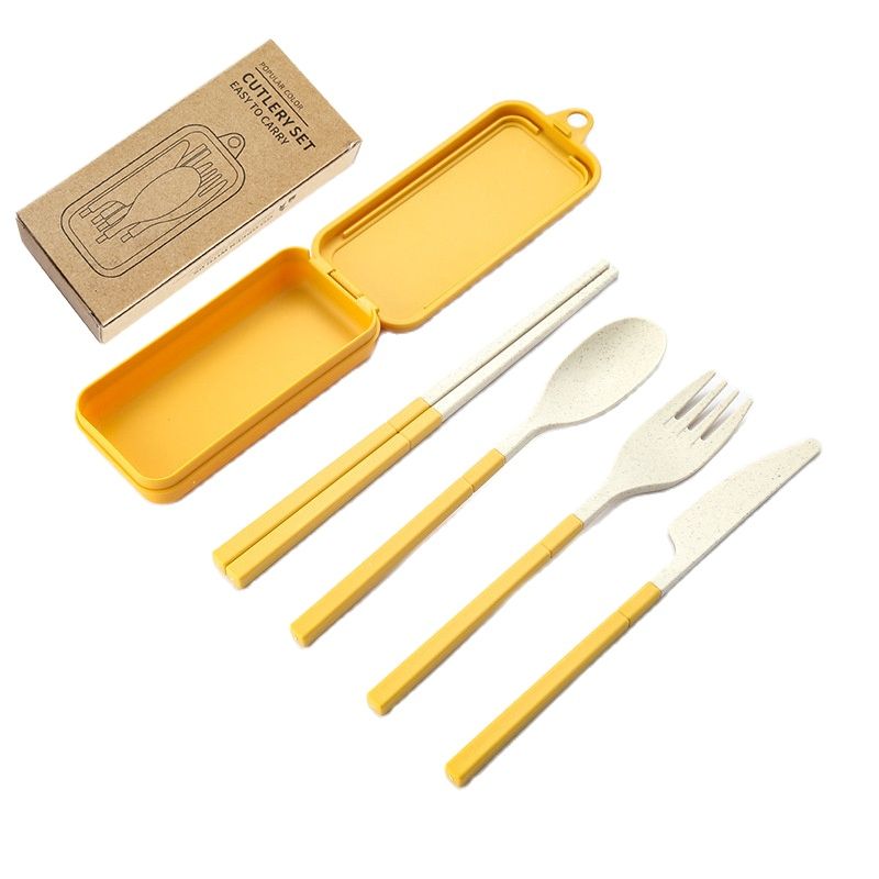 4PCS Wheat Straw Dinnerware Set Portable Tableware Knife Fork Spoon Chopsticks Set Travel Cutlery Set Eco-Friendly Utensil Box