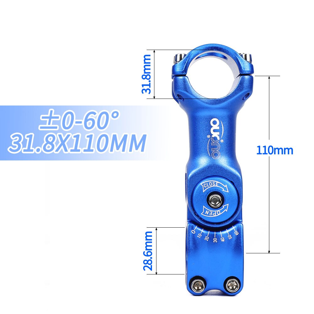 OUO Einstellen Stem 0-60 Grad Bike Lenker Vorbau 25.4/31,8mm Mountain Road Fixie Einstellbare MTB Vorbau 90/110/120/130mm Griff Teil: 31.8x110mm blue