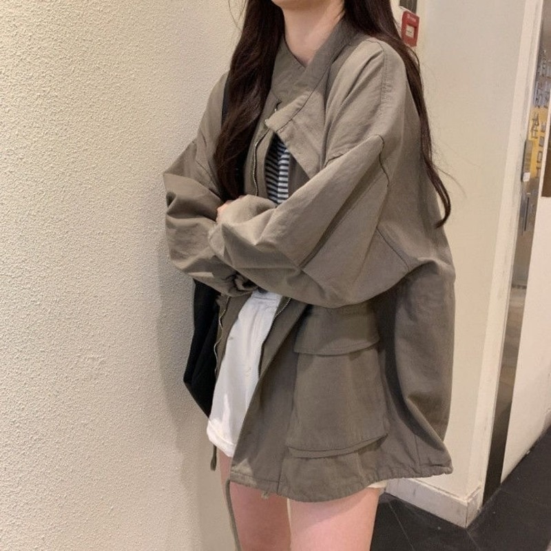Jackor dam solid dragkedja enkla kappor dam plus storlek 2xl lös bf harajuku ins safari stil oversize high street all-match