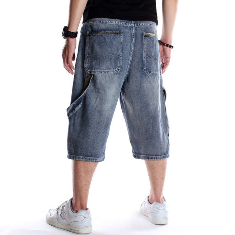 Homme Grande Taille Lâche Baggy Denim Court Hommes Jeans Streetwear Hip Hop Longue 3/4 Capri Cargo Shorts Poche Bermudes Homme Bleu