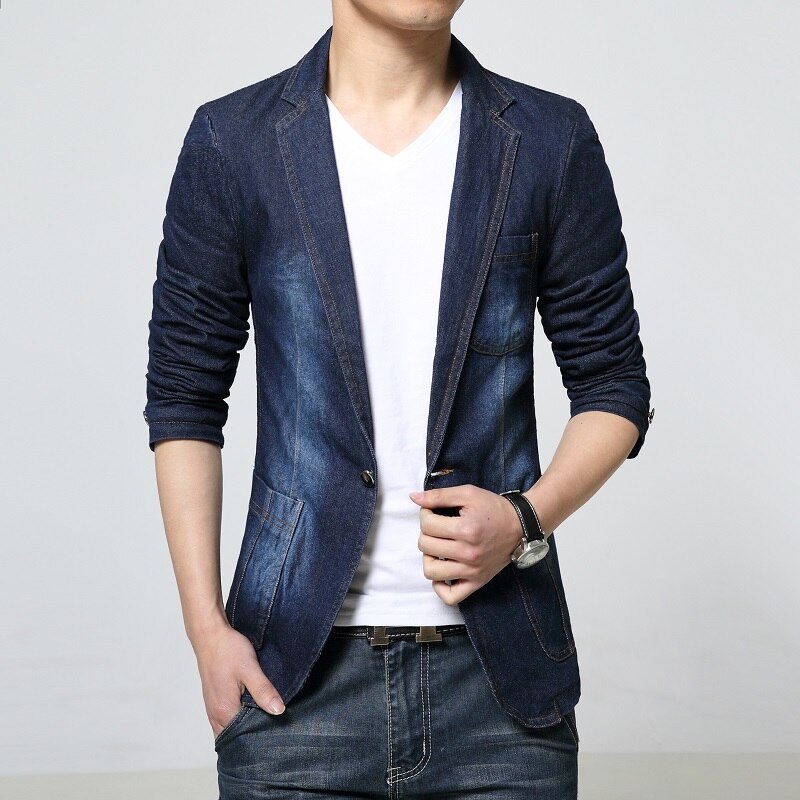 MOGU hommes veste printemps nouveauté Denim Blazer Jean manteau pour homme jolie pochette Slim Fit asiatique taille Blazer hommes