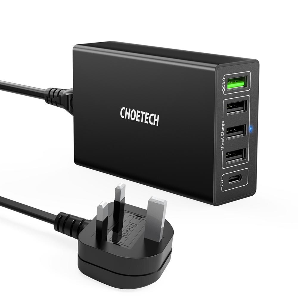 CHOETECH, Cargador USB de 5 puertos, 60W PD, multiestación de carga USB con acoplamiento Universal para teléfono móvil, pared de escritorio, enchufe para UE y Reino Unido: UK Plug