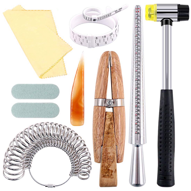 Juego de 12 Uds de herramientas para anillos de joyería, mandril de anillo, tamizador de anillo, abrazadera de anillo de madera, martillo de goma, medidor de anillo de plástico, joyería: Default Title