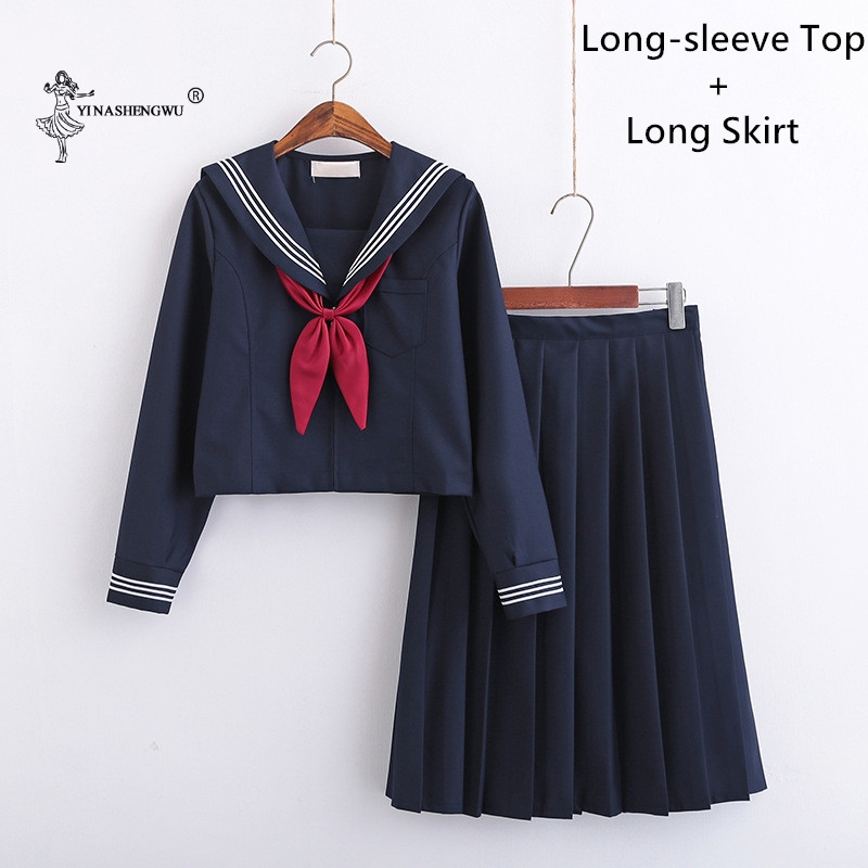 Navy blue JK uniform Autumn Summer Short/long Sleeve Japanese School Uniforms For Girls Sailor Pleated Skirt JK Sets Uniform: 2 Pcs Long-Long / L
