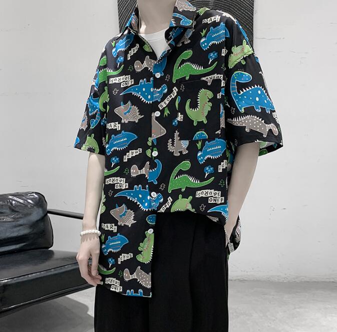 Zomerse harajuku blouse heren tops turn-down kraag losse korte mouwen heren overhemd casual dinosaurus print hawaii shirts