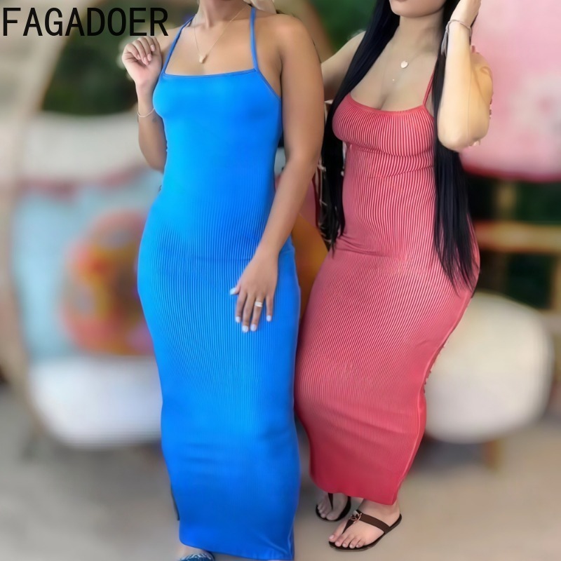 Fagadoer sexet ribbet bodycon lang kjole kvinder spaghettistropper stretchkjole kvinde streetwear vestidos sommer