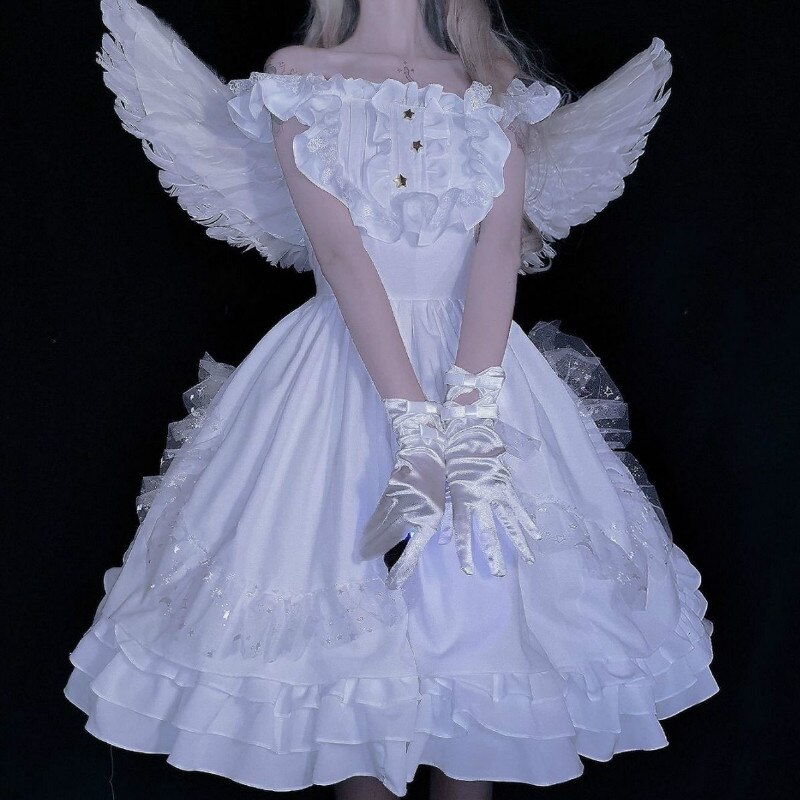 Zachte Witte Japanse Angel Jsk Lolita Jurk Vintage Meisjes Kawaii Gothic Star Kant Fee Trouwjurk