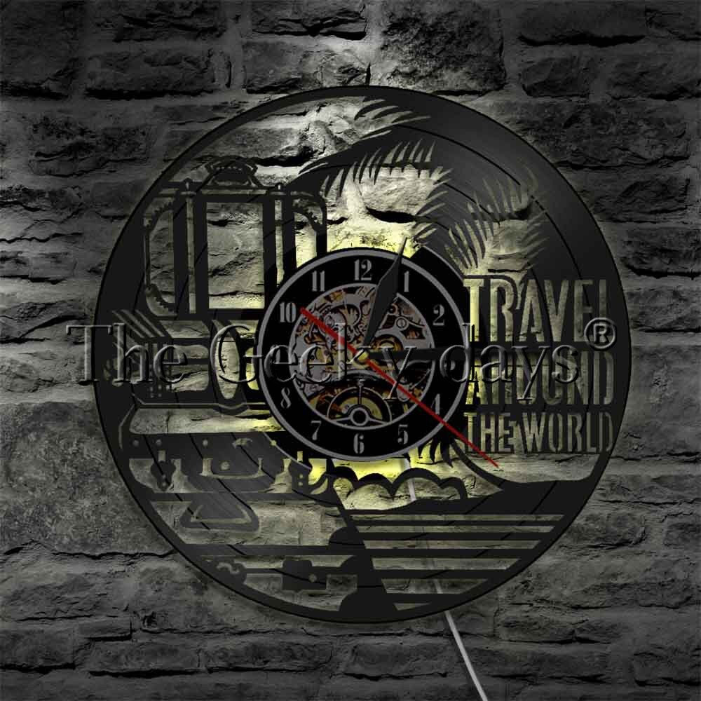 1Piece Travel Around The World Themed Vinyl Record Wall Clock World Wide Tours Led Wall Light Man Cave Bar Sign Contemporary: With LED