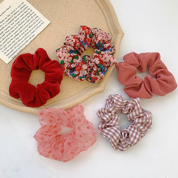 FLACELL Summer Korean Red Dot Floral Plaid Hair Ribbon Rubber Bands Scrunchie Set for Women Girls Party Hairwear