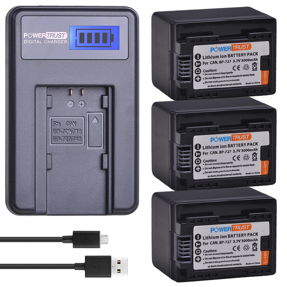 1x bp -727 bp727 bp 727 3000 mah batteri + lcd usb-laddare för canon bp -718 bp-709 vixia hf  m50,  hf  m52,  hf  m500,  hf  r30,  hf  r32: 3 batterier och laddare