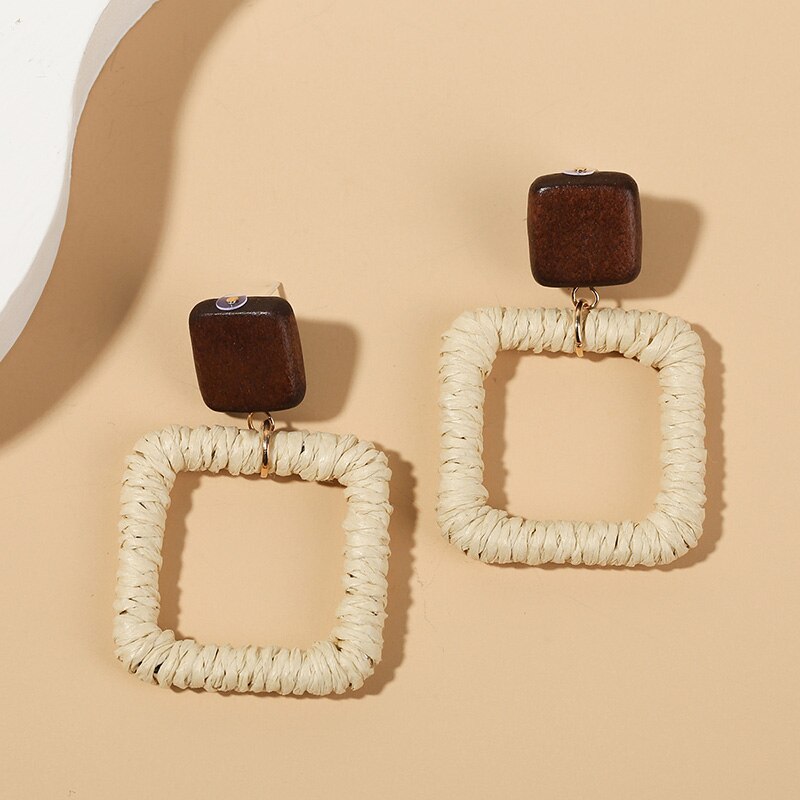 Female Bohemian Handmade Vine Rattan Straw Woven Dangle Earrings For Women Boho Geometric Square Wooden Earring Jewelry