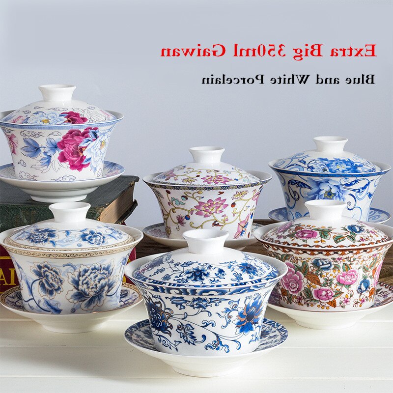 350ml Extra Big Sancai GaiWan Chinese Old Beijing Tea Bowl Jingdezhen Blue and White Porcelain Tea Cup and Saucer Set