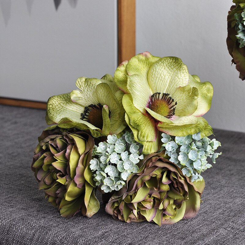 Nordisk pion bukett anemon bröllop brudbukett siden konstgjorda blommor diy scrapbook blommor konstgjorda rumsinredning: Grön