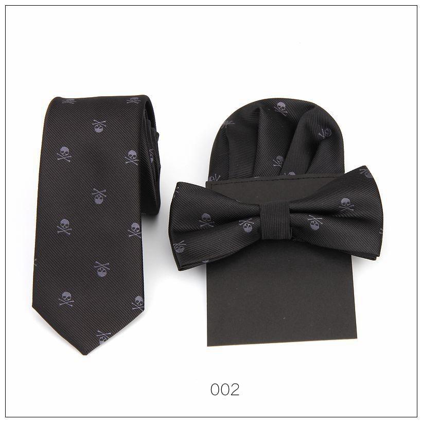 Men's tie bow tie handkerchief set skull hanky pocket square polyester bowknot butterfly wedding bowtie necktie prefold hankies: 2