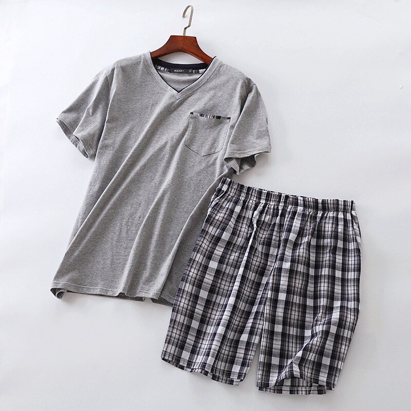 Plus Size Summer Short-sleeved Shorts Plaid Pajama Suit European Men's Cotton Mens Pyjama Sexy Sleepwear Men Pijamas Big Size: 17 male gray / L