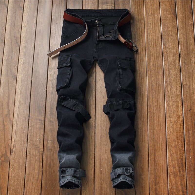 Stretch Denim Men Hip hop Multi-pocket Cargo Biker Skinny Jeans Distressed Slim fit Streetwear Motorcycle male Pencil pants
