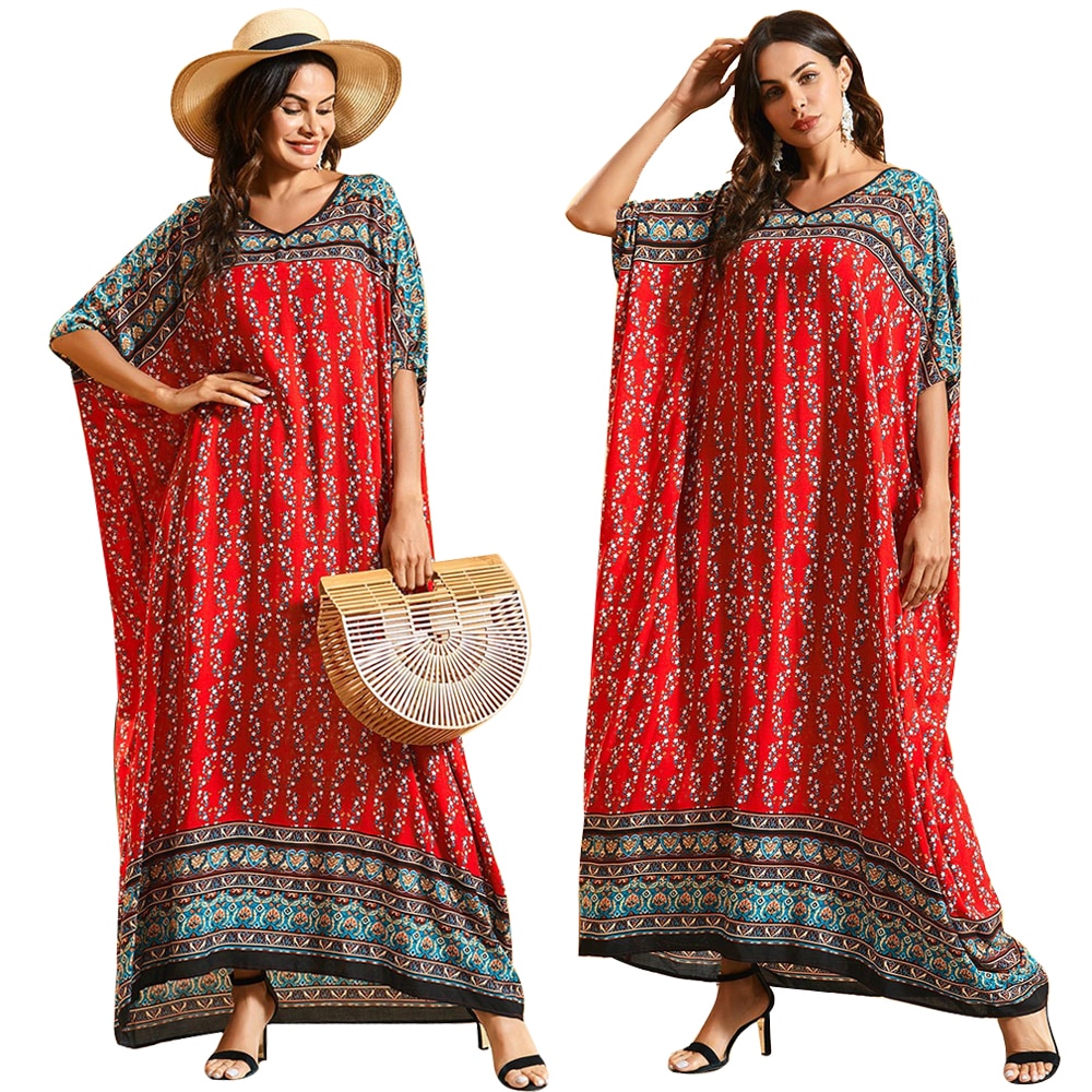 Dubai maxi kaftan naiset muslimi mekko print boheemi ranta kesä kaftaani viitta oversize arabi puku abayas islamilainen vaatteet