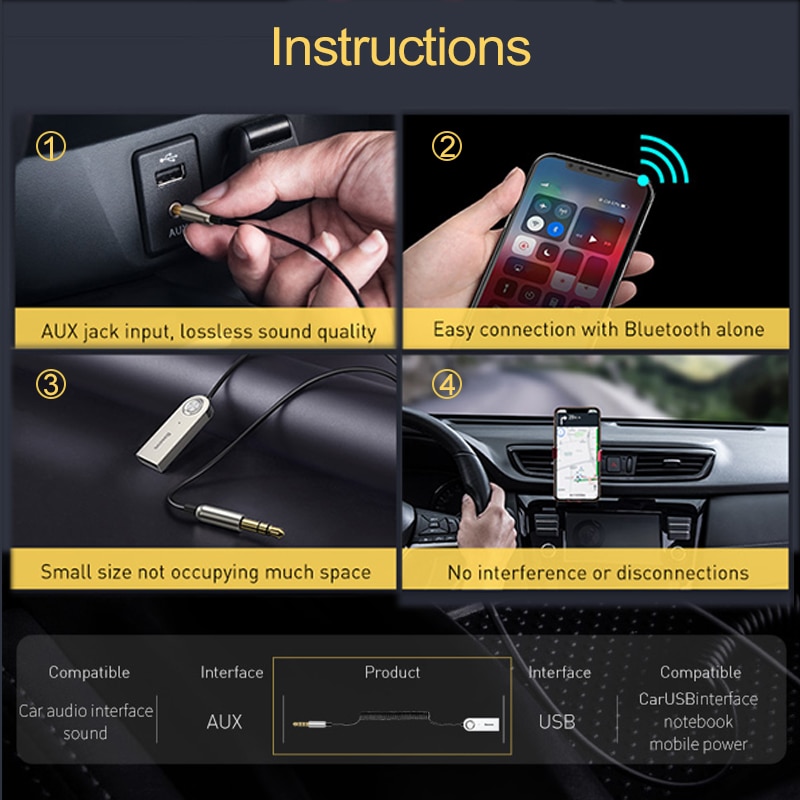 BASEUS – Adaptateur Bluetooth 3.5 pour voiture, haut-parleur, récepteur USB, jack 5.0 mm, kit mains libres, transmetteur audio et musique