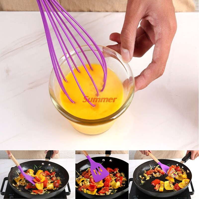 Purple Silicone Cooking Utensils Set Non-stick Spatula Shovel Wooden Handle Cooking Tools Set Special Heat-resistant
