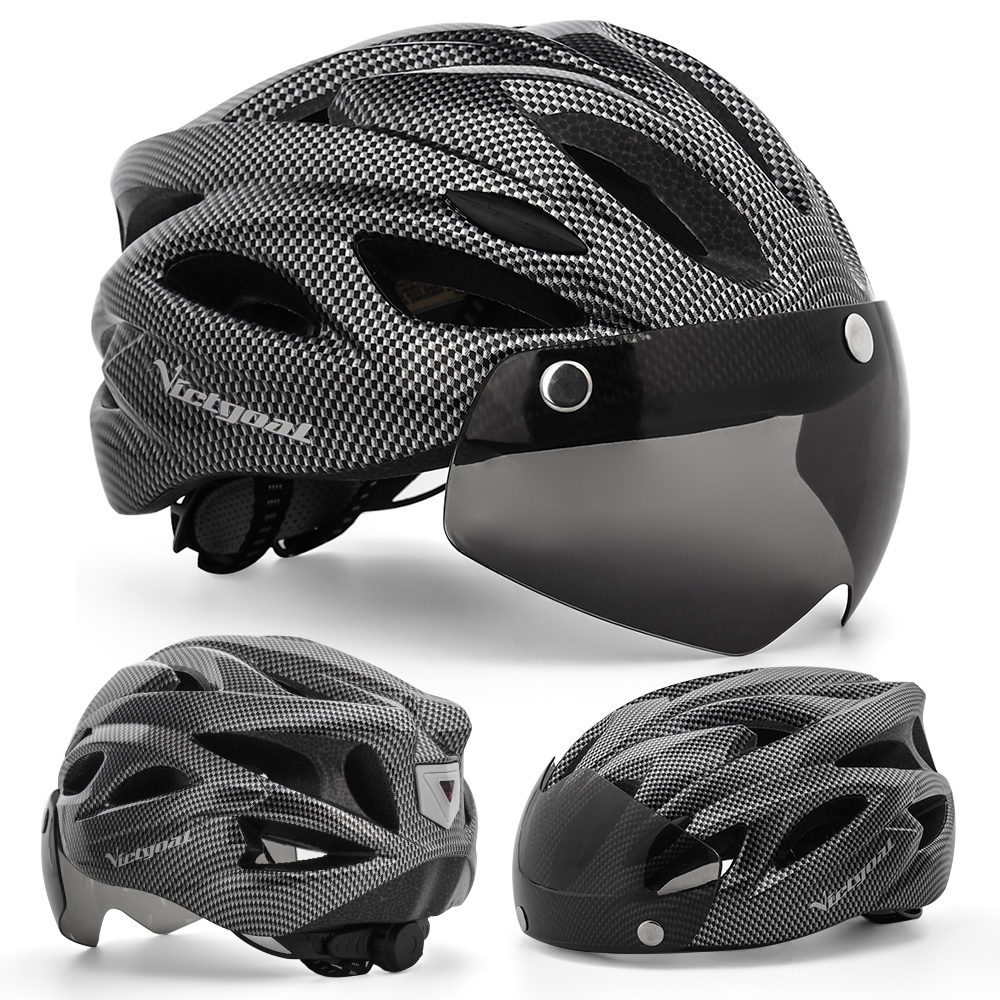 VICTGOAL Adults Goggle Bike Helmet LED Rear Light Men Women Cycling Helmet Road Bicycle Helmets MTB E-Bike Scotter Headgear M/L: Cfibre Helmet