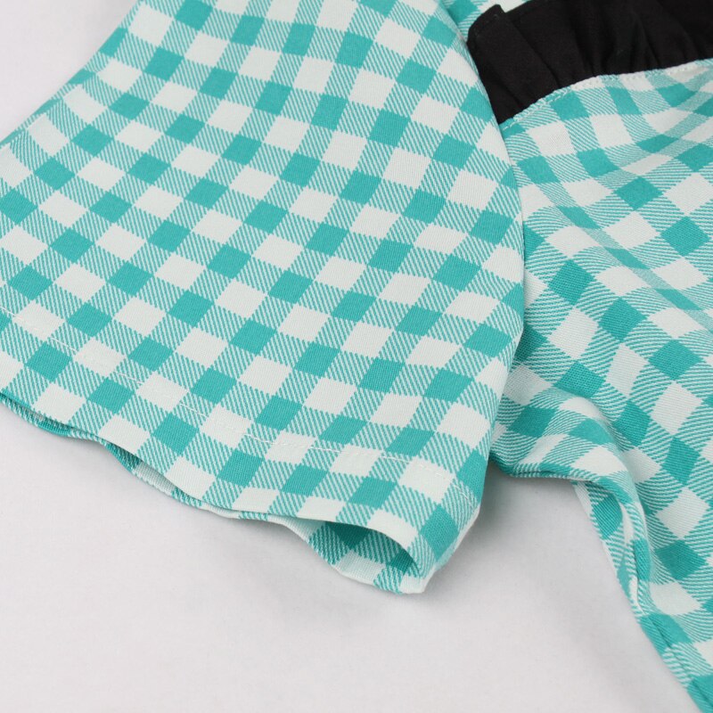 Tonval turquesa Gingham volante escote corazón Vintage vestido mujeres botones manga corta Rockabilly Plaid Midi vestidos
