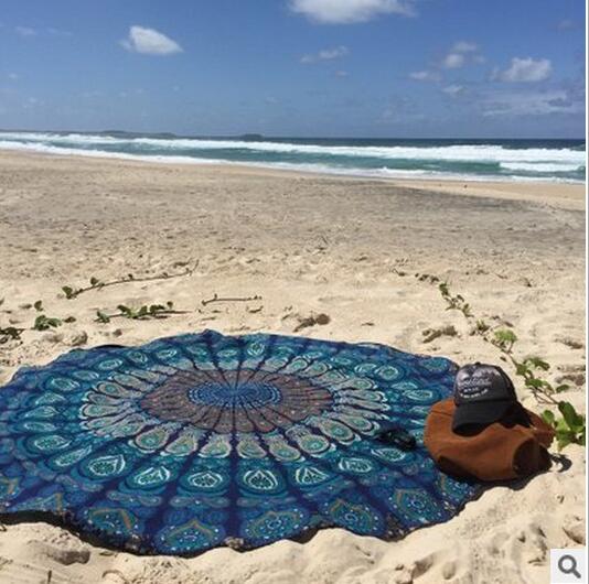 Toalla de playa redonda de gasa y poliéster de 150cm, junto al mar para vacaciones Toalla de playa, chal de baño, Toalla de baño con estampado de cola real grande para playa: Dark blue circle / Polyester 150x150cm