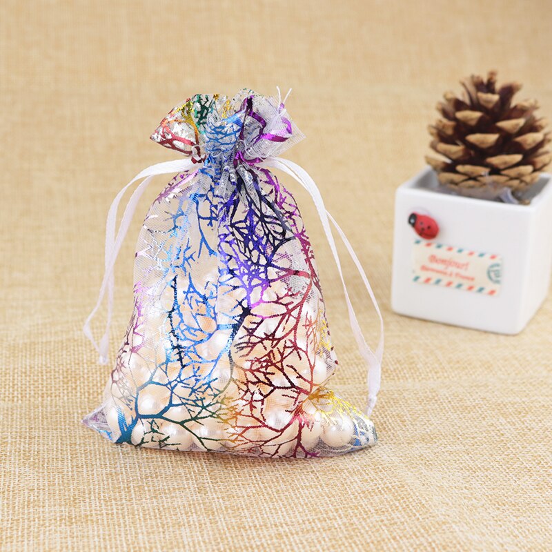 20 sztuk/partia koral wzór torby z organzy 7x9 9x12 13x18 cm Charms kosmetyki torby do pakowania biżuterii party sznurkiem prezent torba torebki