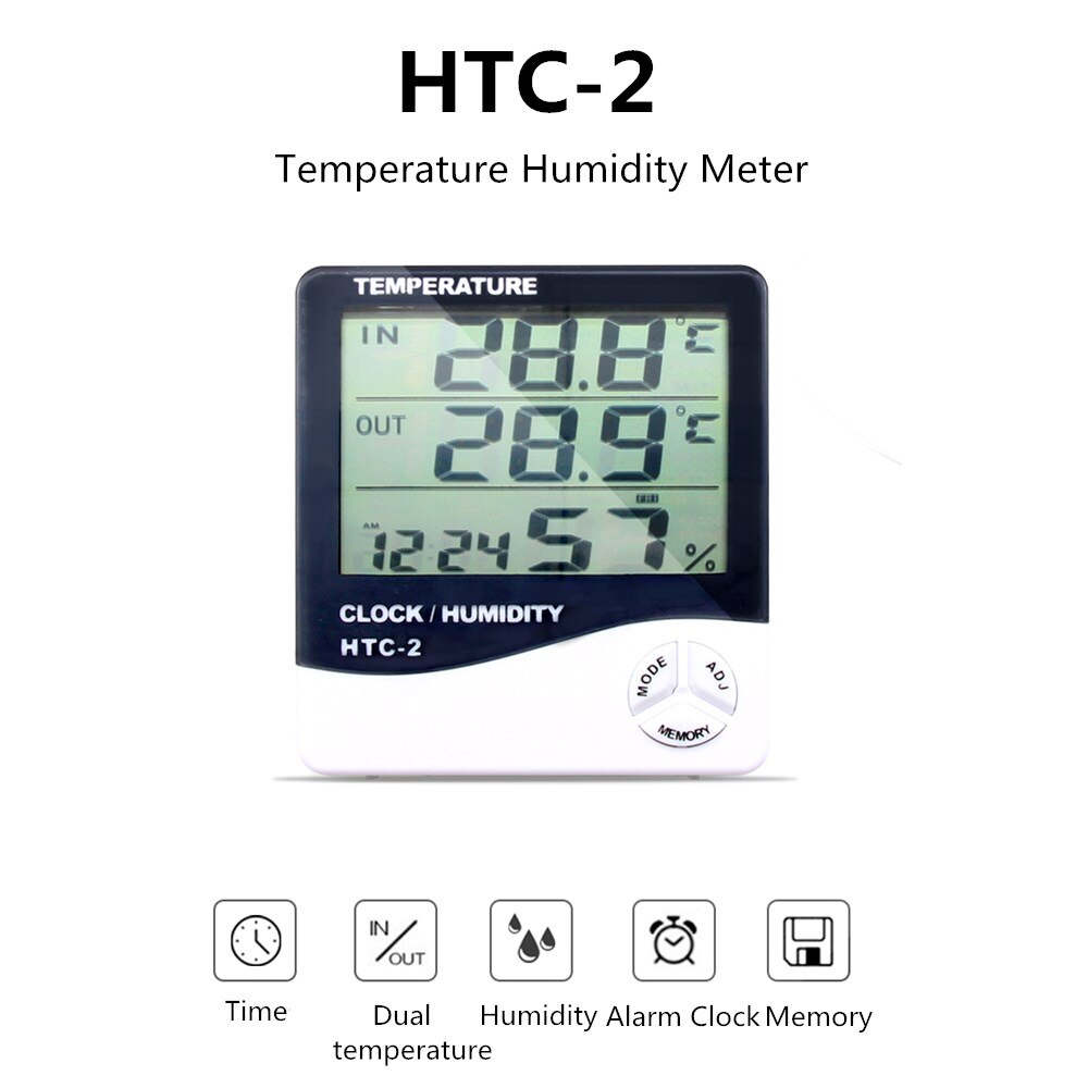 Lcd digital temperaturfugtighedsmåler htc -1 htc -2 indendørs udendørs hygrometer termometer vejrstation med ur
