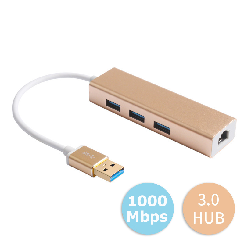 Adaptateur réseau USB3.0 Hub Gigabit Ethernet + Hub 3 ports USB 3.0 vers RJ45 10/100/1000 M carte Lan pour Macbook Windows 10: Or