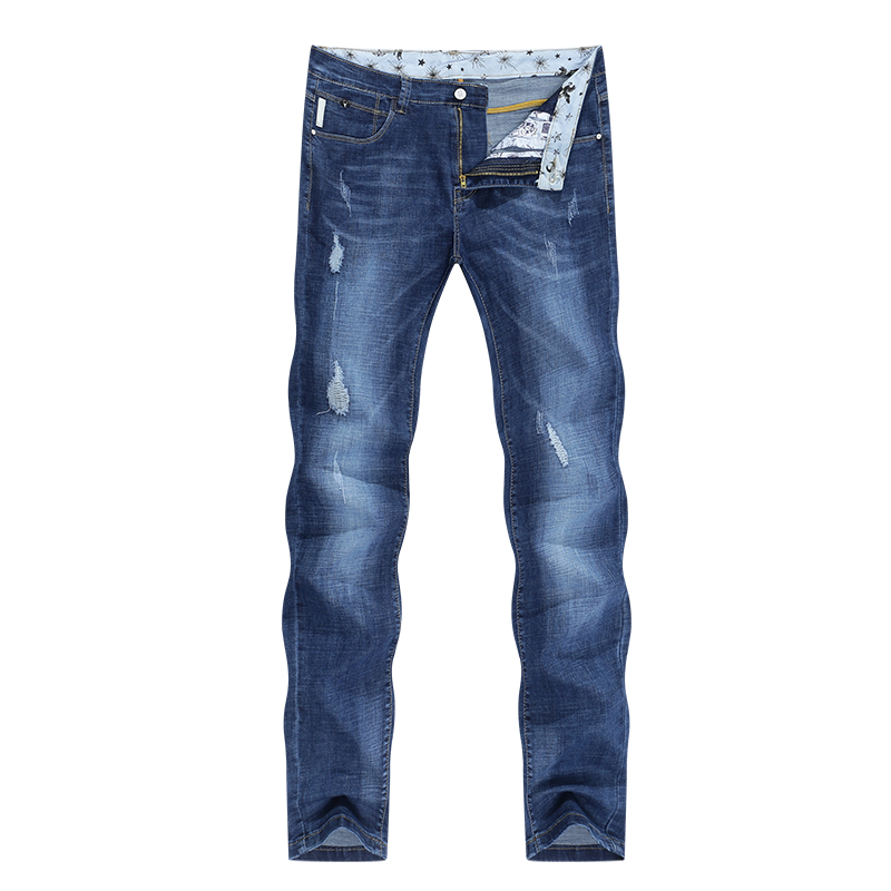 Kstun jeans herr slim fit blå sommar tunna slitna jeans herr streetwear hip hop jeansbyxor herrkläder: 38