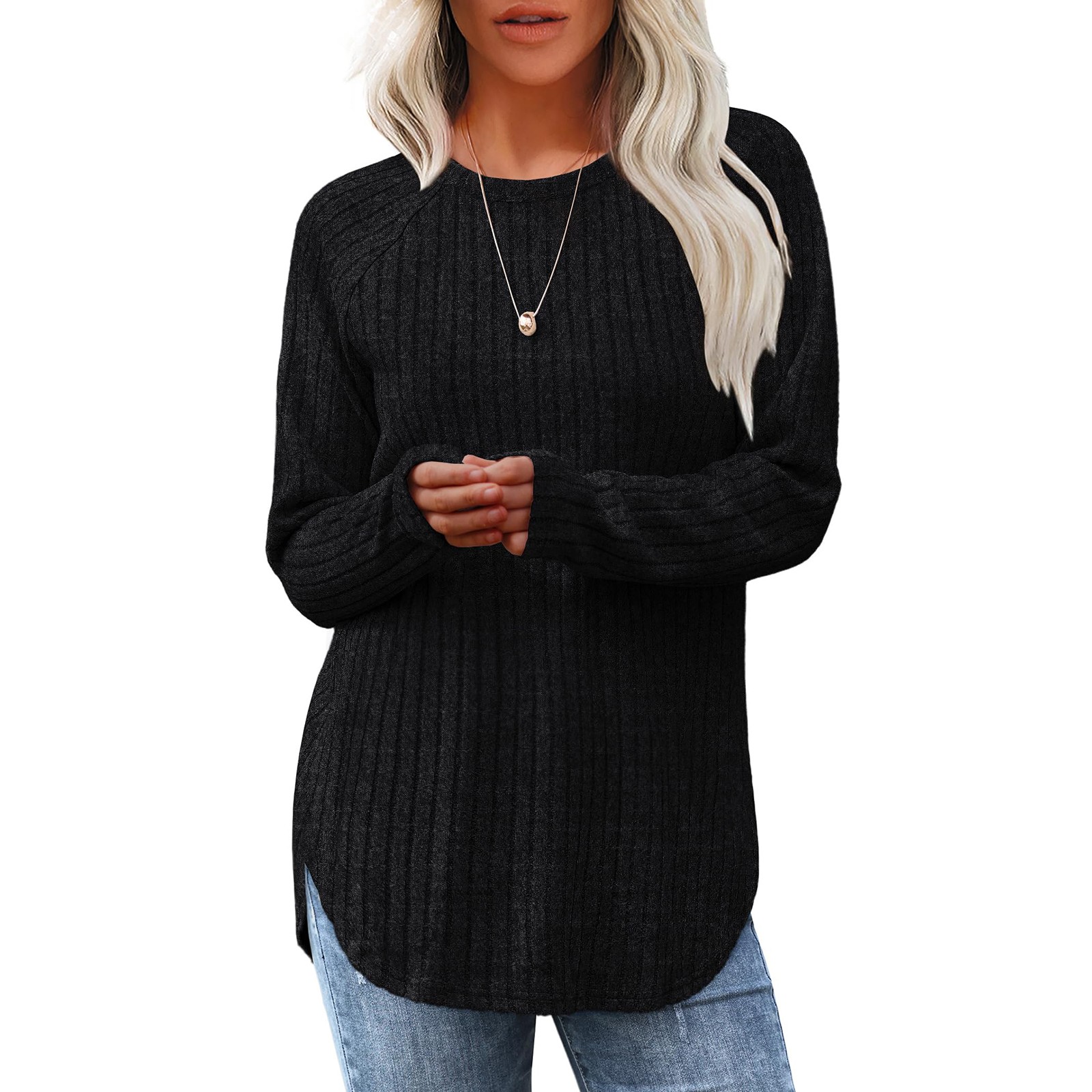 Sweat-shirts pour femmes à manches longues col rond pull décontracté solide tunique hauts femmes sweats femmes vêtements d'hiver liquidation: XL / Black