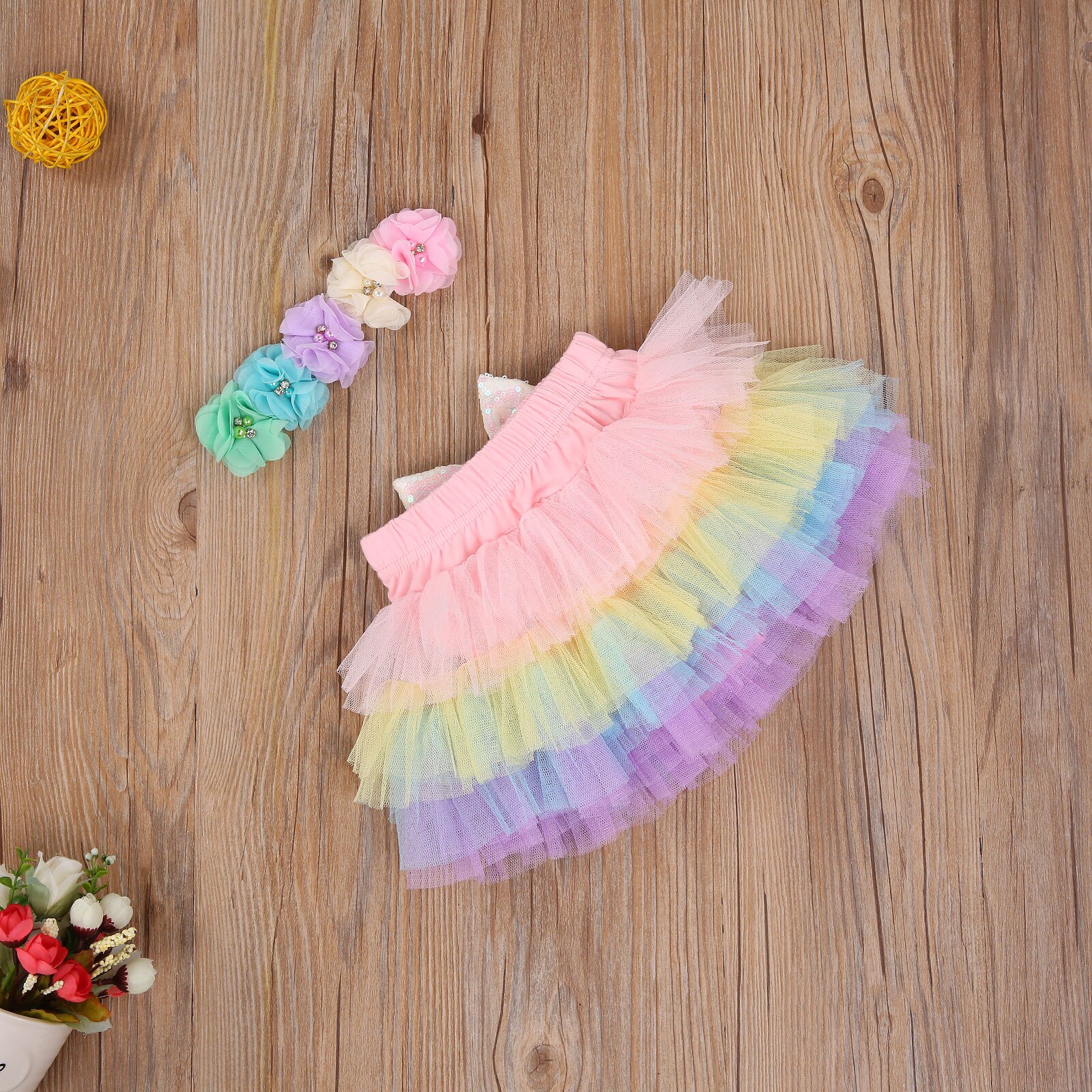 Saia tutu com faixa para cabeça, de malha com lantejoulas coloridas, conjuntos de cabeça com flores, roupas de verão para bebês meninas