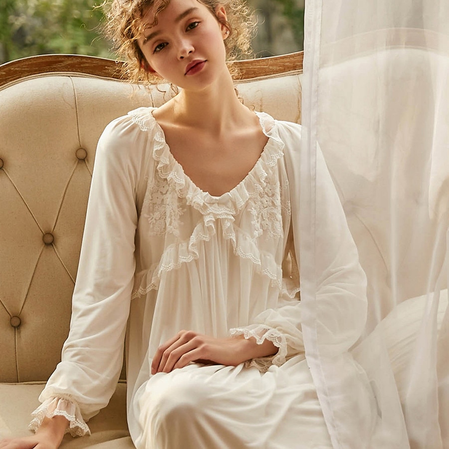 Broderi blondegaze lange natkjoler til kvinder lange ærmer vintage nattøj kongelig løs natkjole efterår forår