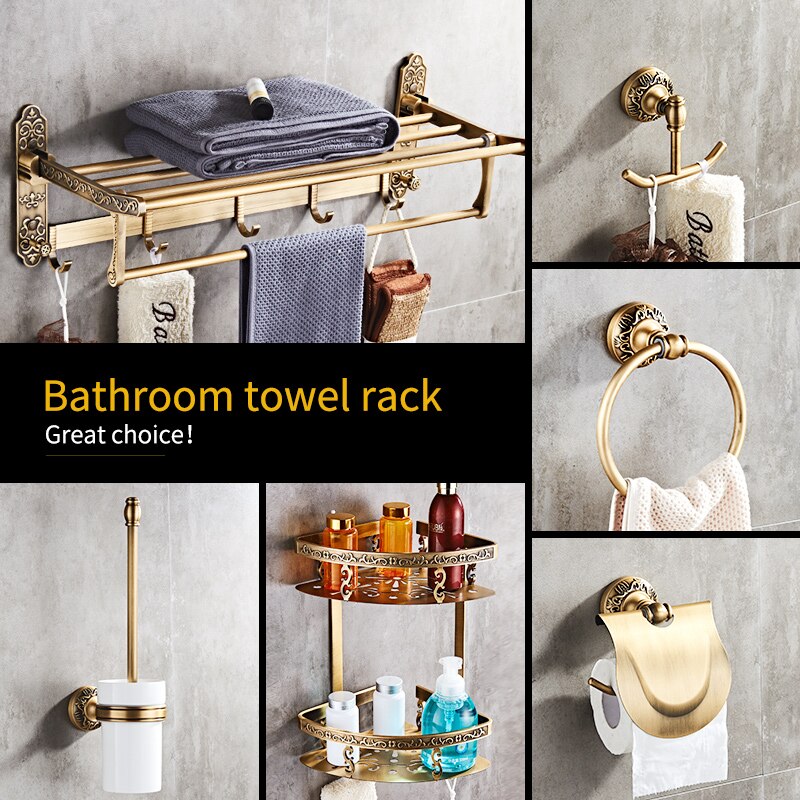 Antiek Messing Badkamer Accessoires Set Plank Handdoek Bar Cup Houders Haardroger Rack Tissue Holder Roll Papier Houder Zeepbakje