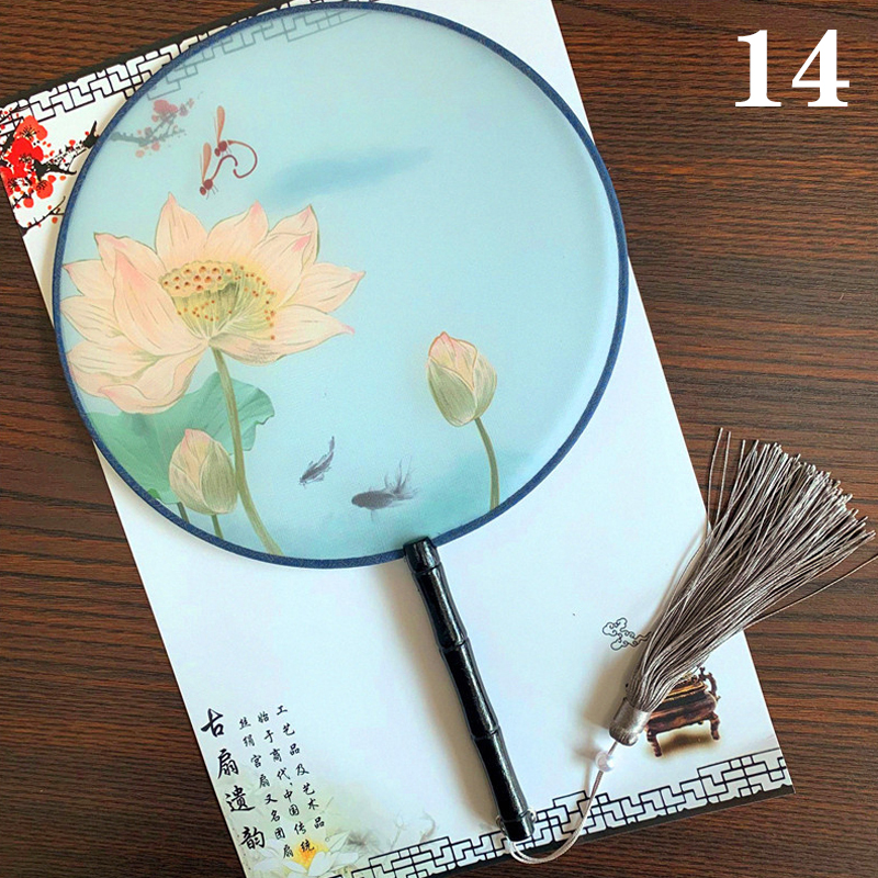 Hanfu Circular Fans Vintage Tassel Long Handle Ancient Chinese Style Court Dancing Round Fan Classical Printed Wedding Round Fan: 14